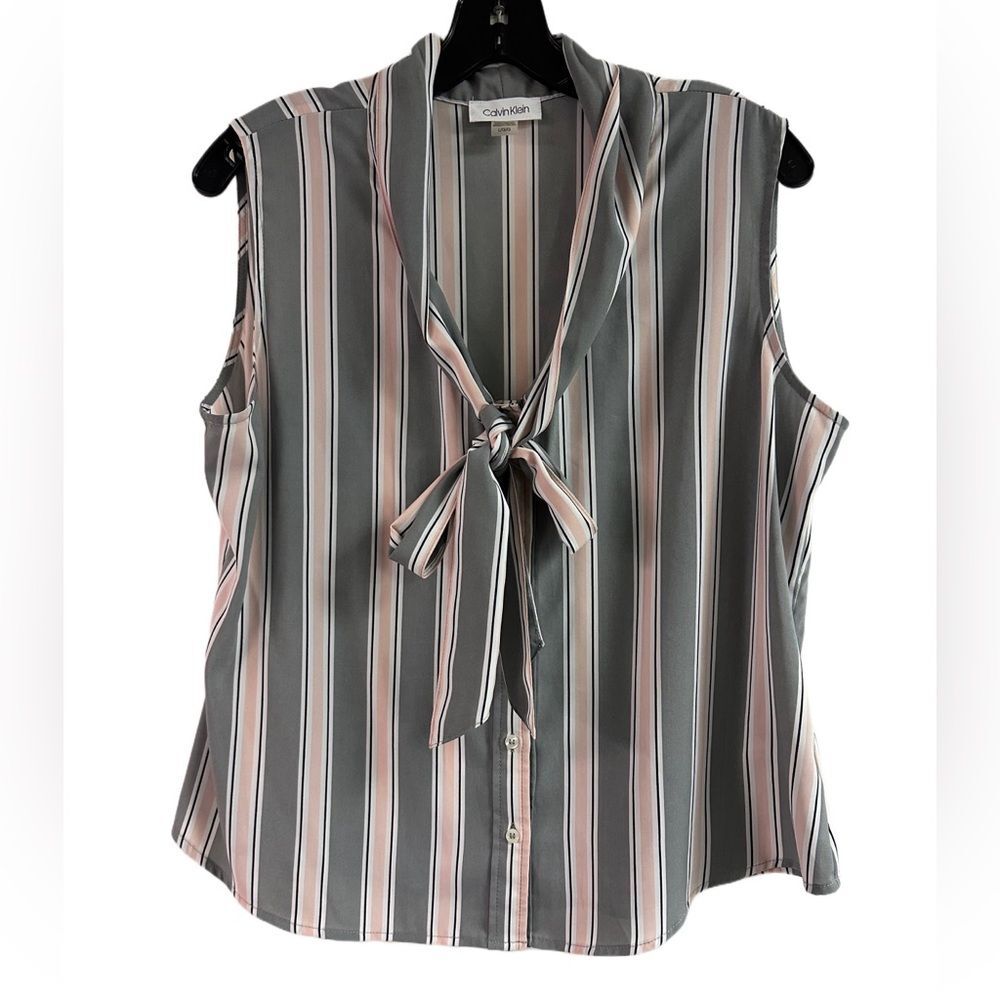 NWOT Calvin Klein Gray Pink Stripes Top with Bow Button Down Size L